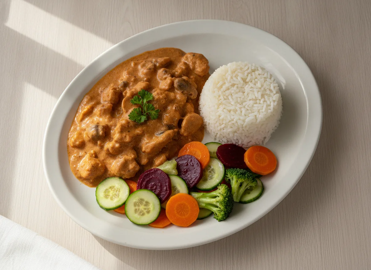Strogonoff de frango com arroz e salada de legumes photo