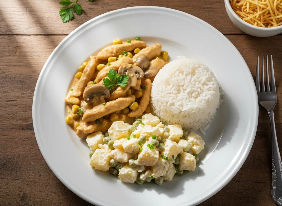 Strogonoff de frango com arroz e salada de maionese photo