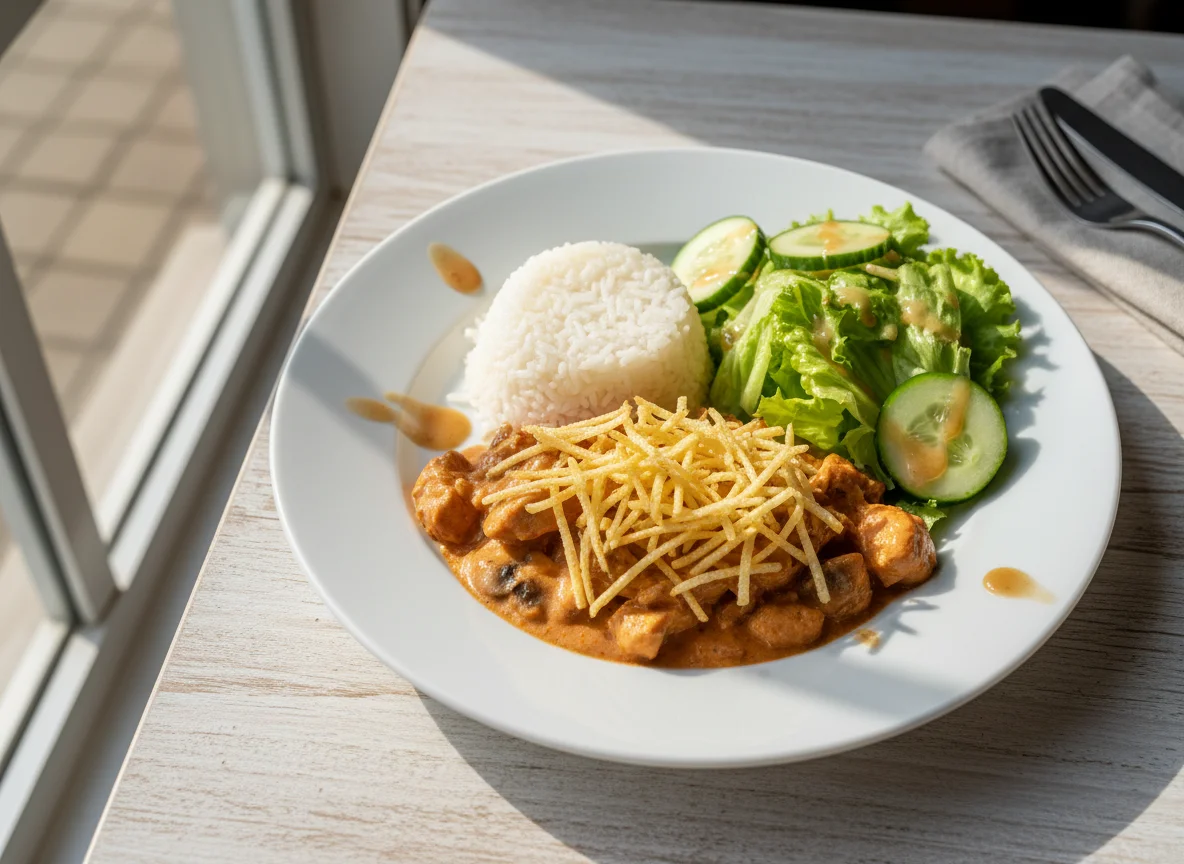 Strogonoff de frango com arroz e salada photo