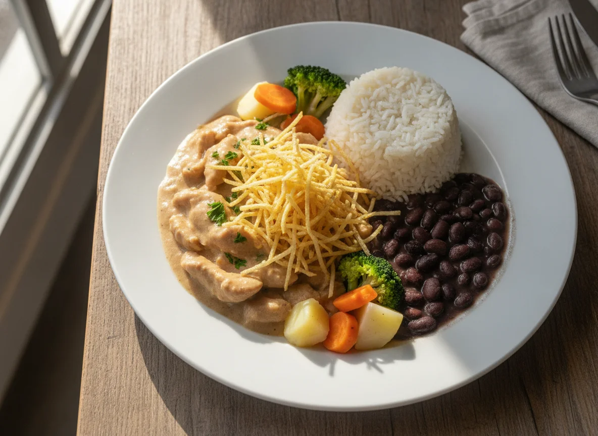 Strogonoff de frango com arroz, feijão e legumes photo