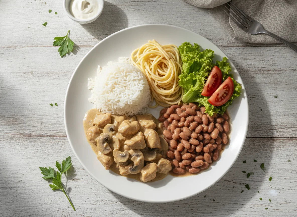 Strogonoff de frango com arroz, feijão e macarrão photo