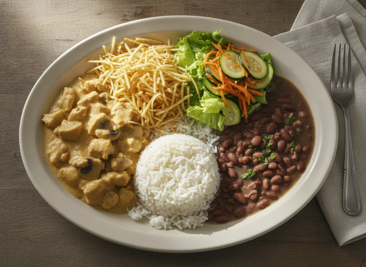 Strogonoff de Frango com Arroz, Feijão e Salada photo