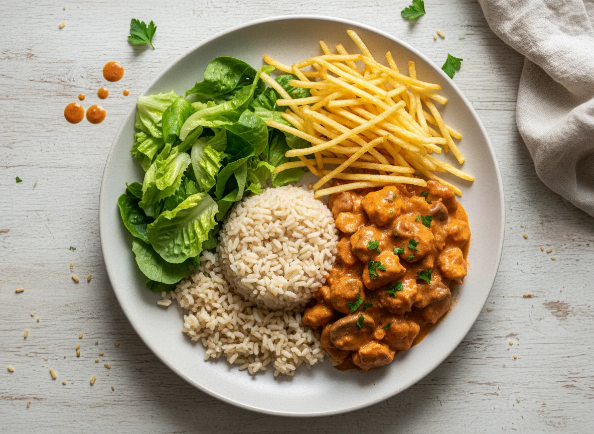 Strogonoff de frango com arroz integral, batata palha e alface photo