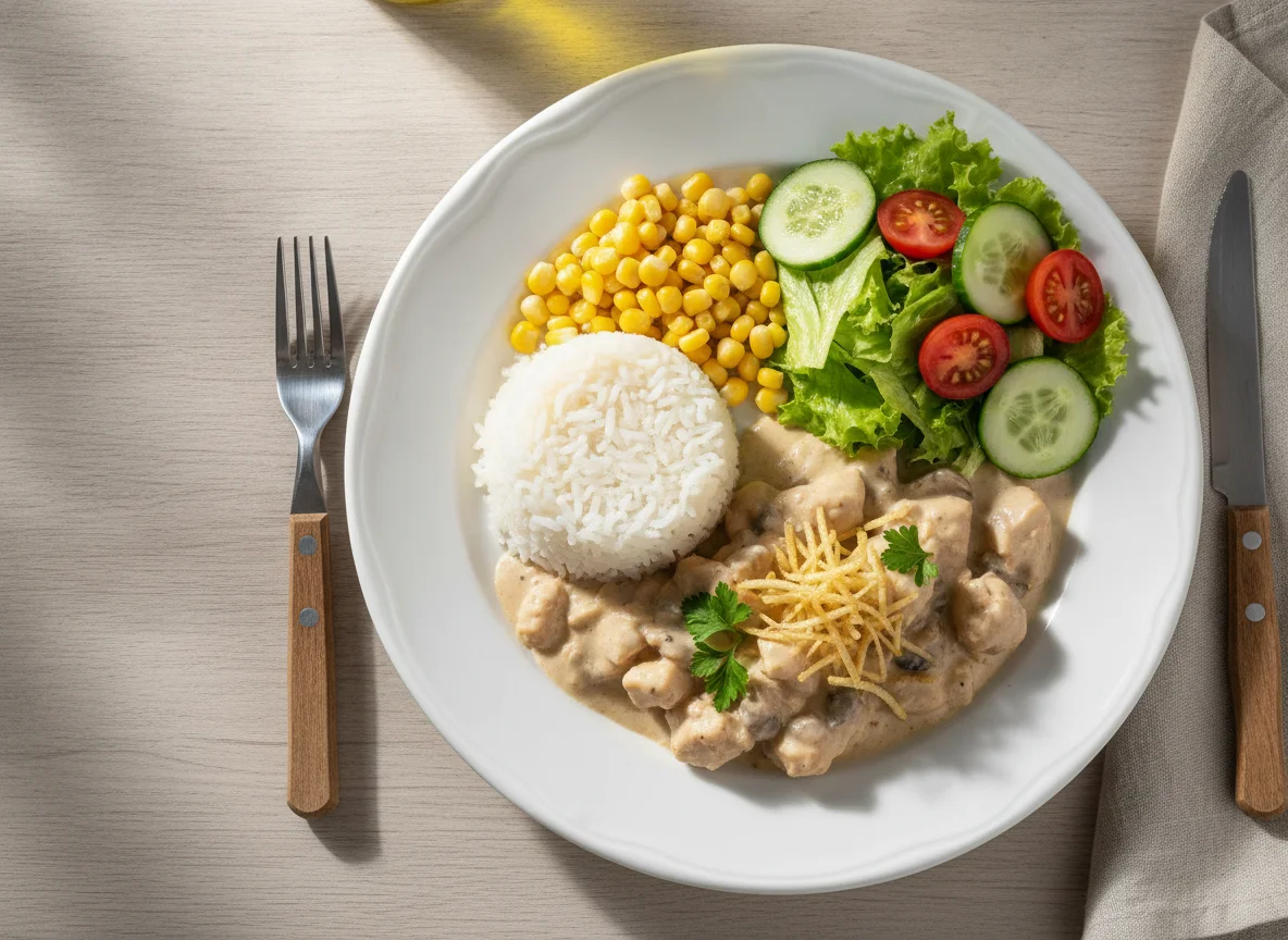 Strogonoff de frango com arroz, milho e salada photo