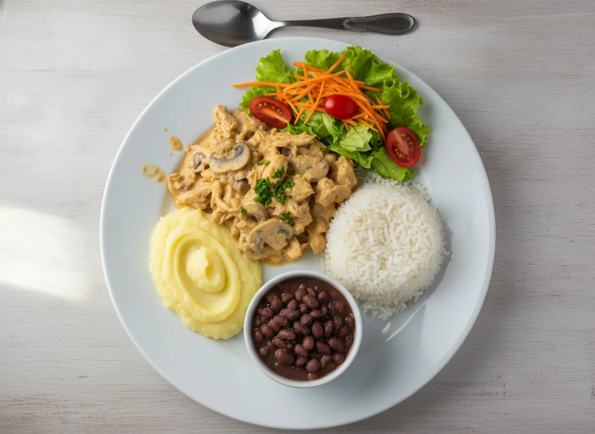 Strogonoff de Frango com Arroz, Purê e Salada photo