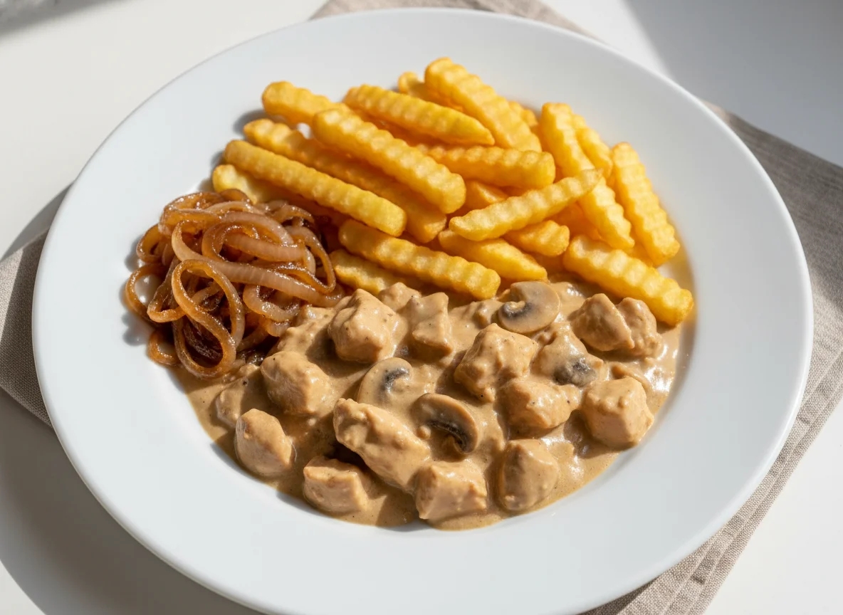 Strogonoff de frango com batata frita e cebola caramelizada photo