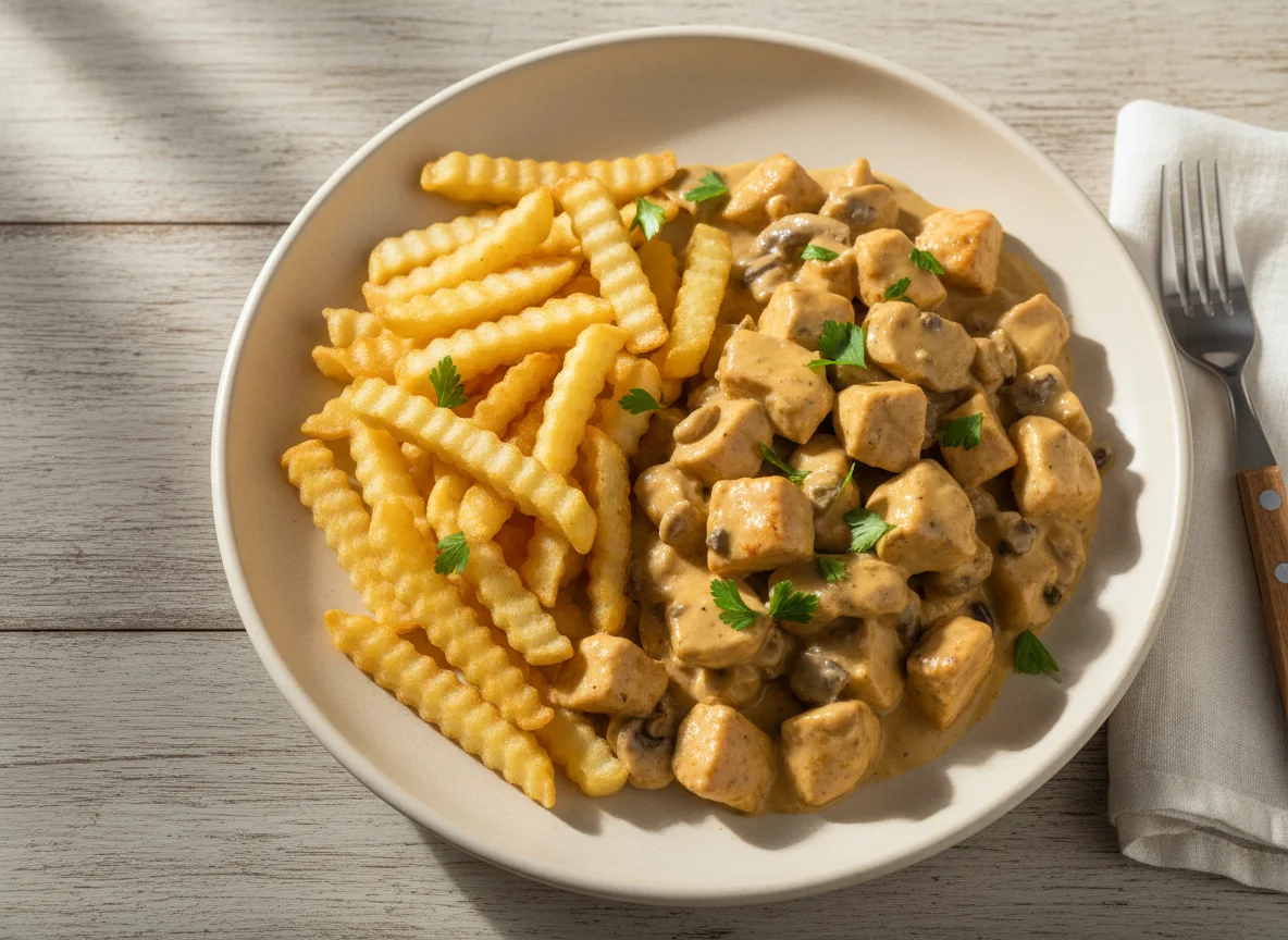 Strogonoff de frango com batata frita photo