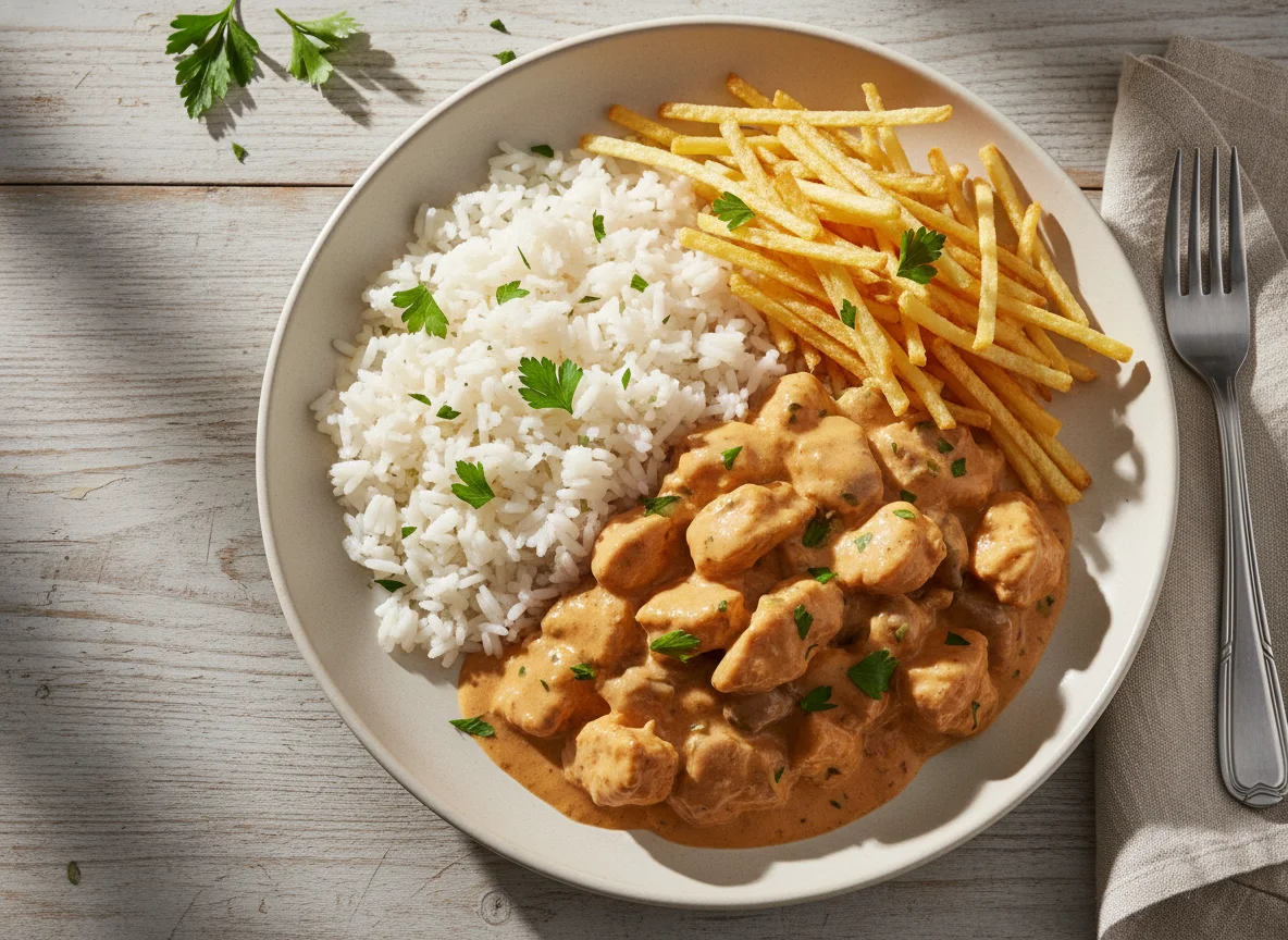 Strogonoff de frango com batata palha e arroz photo