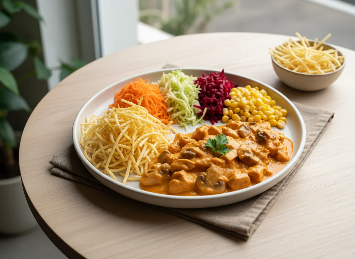 Strogonoff de frango com batata palha e salada photo