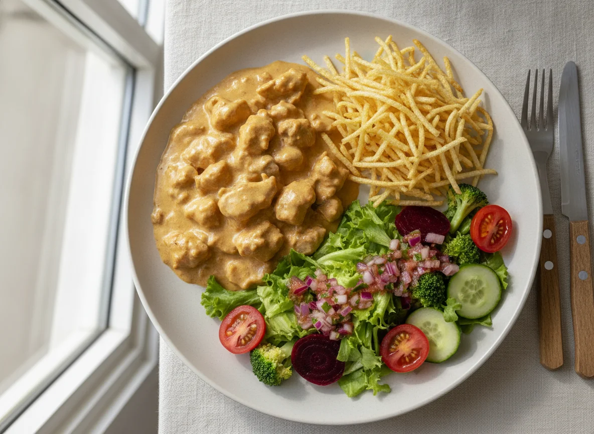 Strogonoff de Frango com Batata Palha e Salada Mista photo