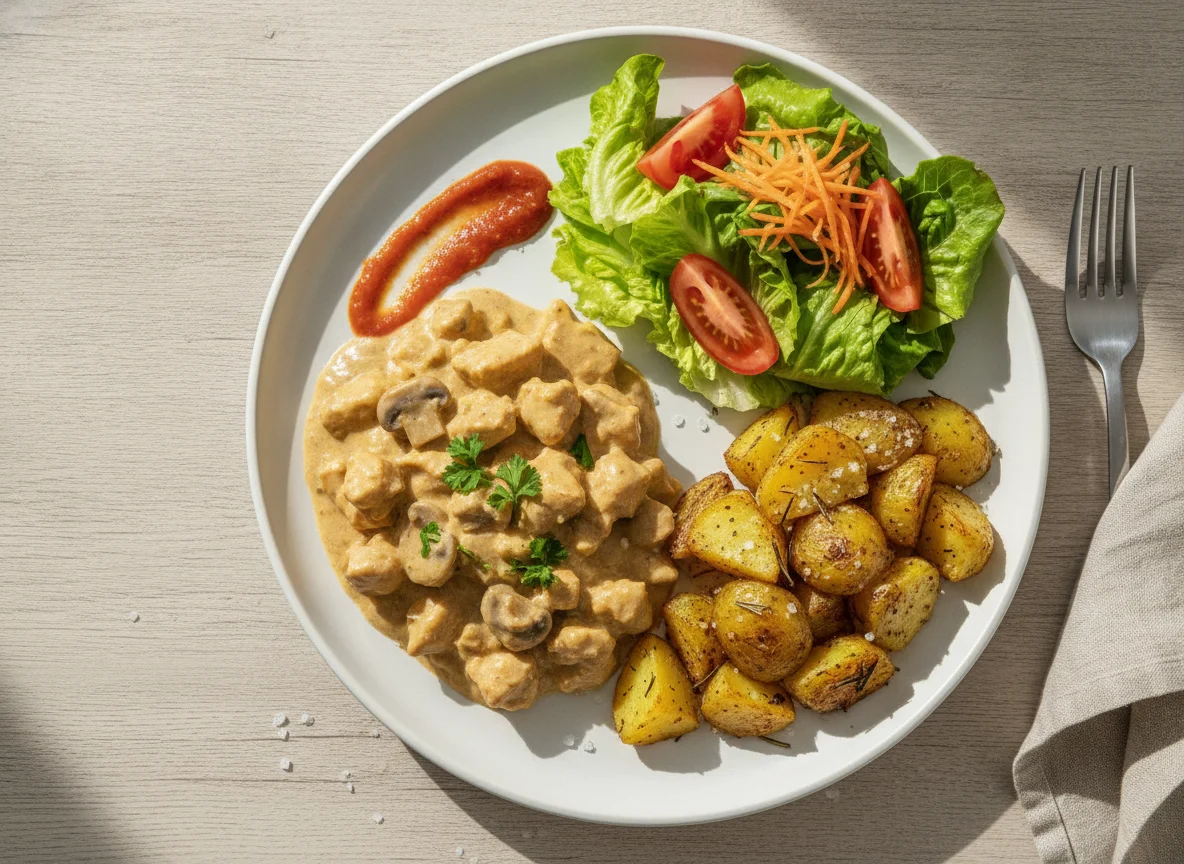 Strogonoff de frango com batatas rústicas e salada photo