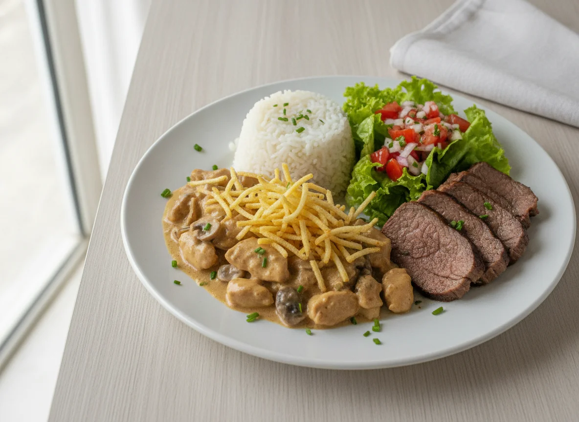 Strogonoff de Frango com Carne Assada e Salada photo