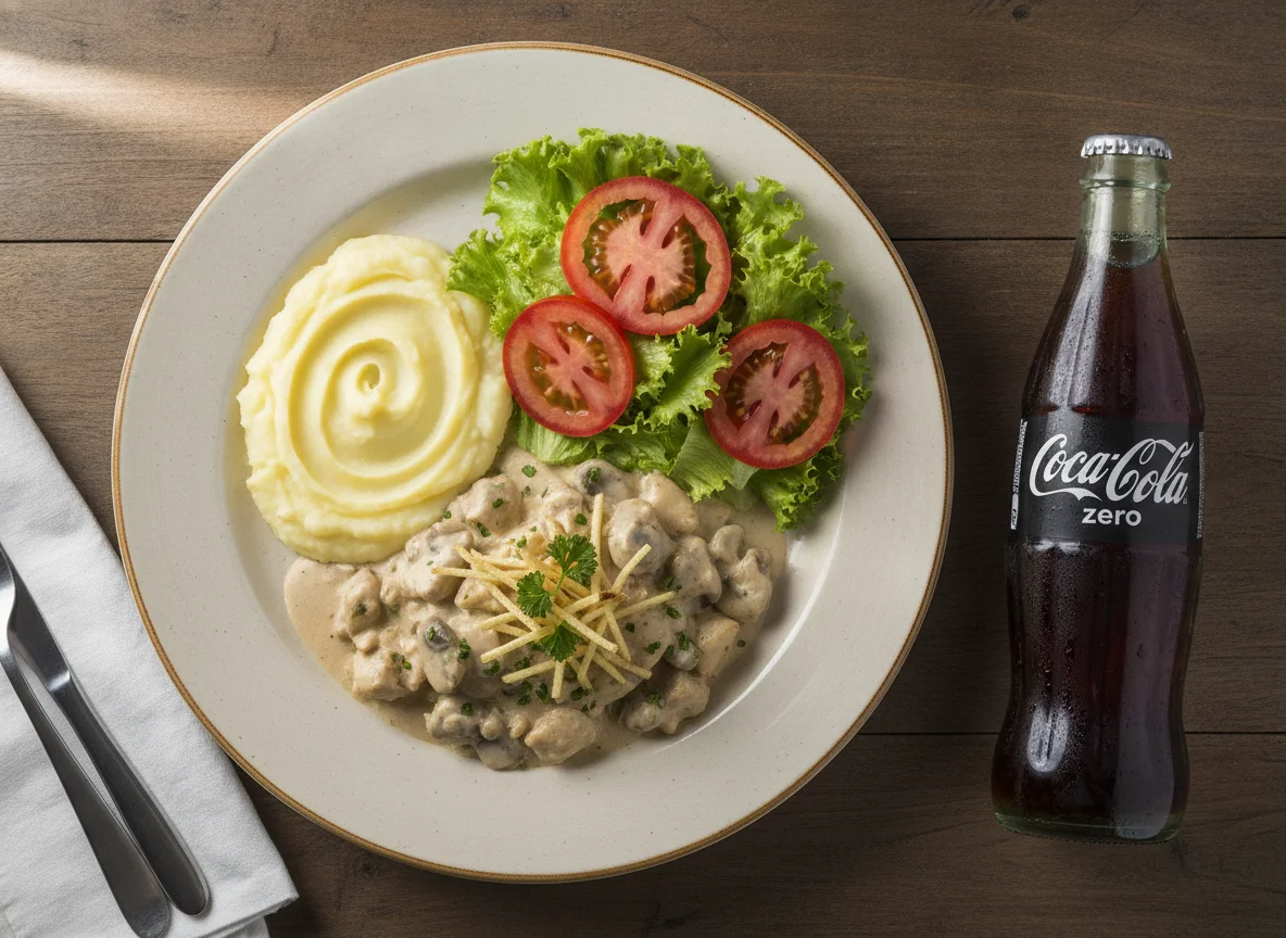 Strogonoff de frango com purê de batata e salada photo