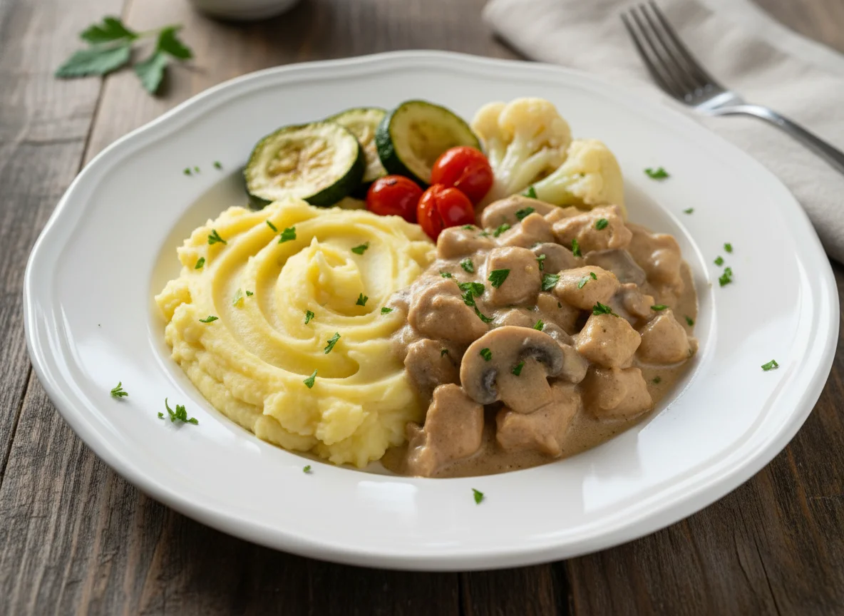 Strogonoff de frango com purê de batatas e legumes photo