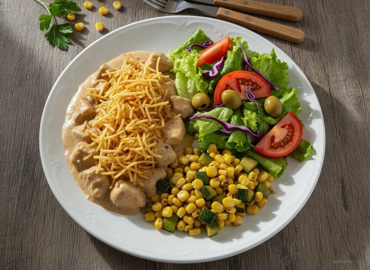 Strogonoff de Frango com Salada e Milho photo