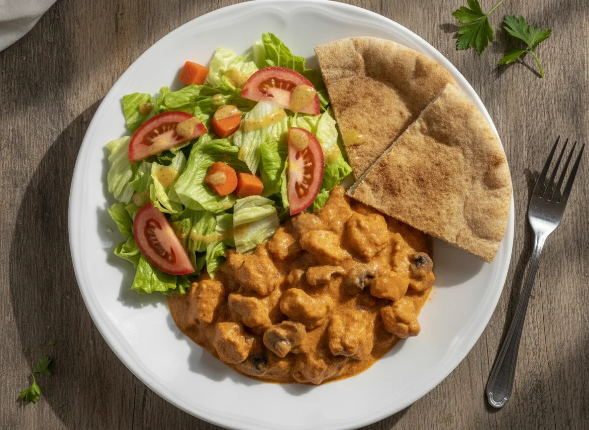 Strogonoff de frango com salada e pão sírio photo