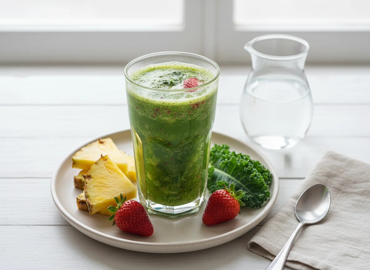 Suco verde de abacaxi, morango e couve photo