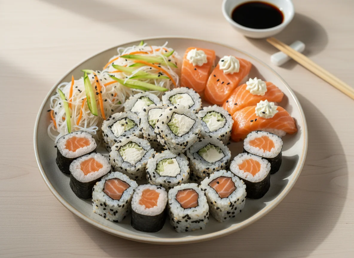 Sushi variado com salmão e macarrão de arroz photo