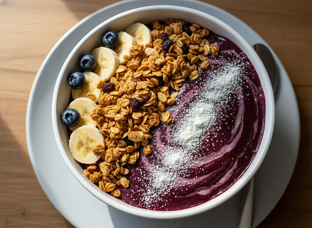 Taça de Açaí com Granola e Proteína em Pó photo