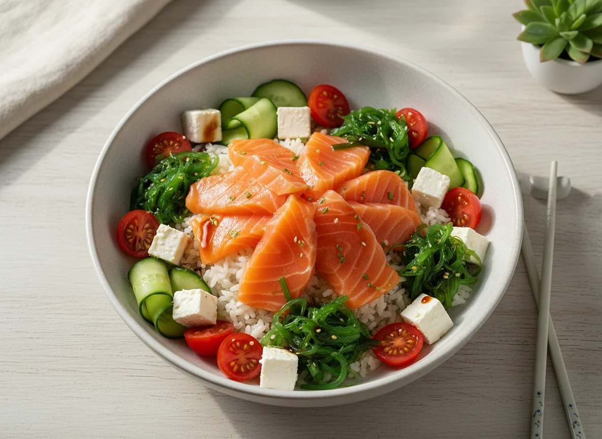 Taça de Arroz com Salmão e Vegetais photo