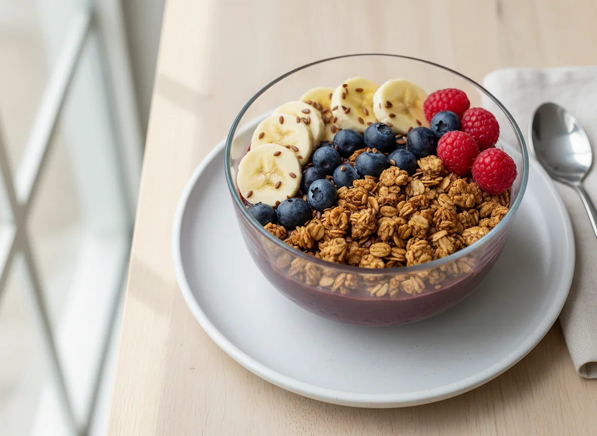 Taça de granola com fruta photo