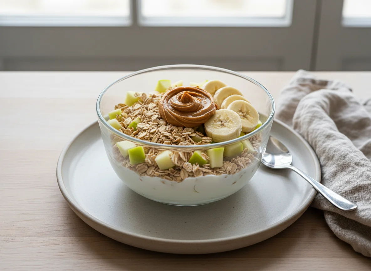 Taça de iogurte com aveia, fruta e manteiga de amendoim photo
