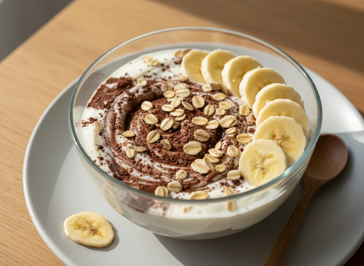 Taça de iogurte com aveia, proteína e banana photo