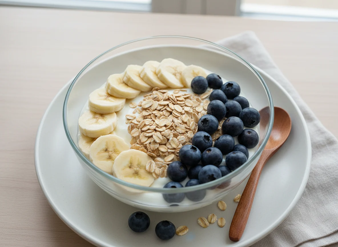 Taça de iogurte com fruta e cereais photo