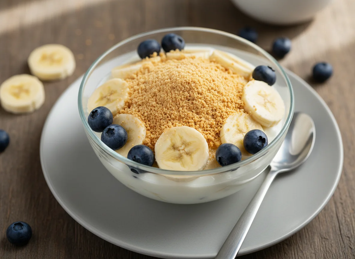 Taça de iogurte com fruta e Cerelac photo