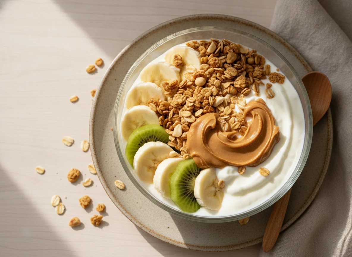 Taça de Iogurte com Fruta, Granola e Manteiga de Amendoim photo