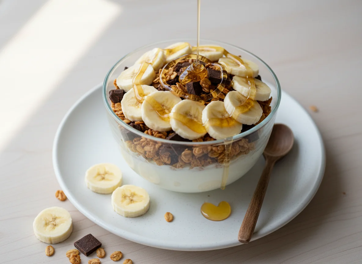 Taça de iogurte com granola, banana e mel photo