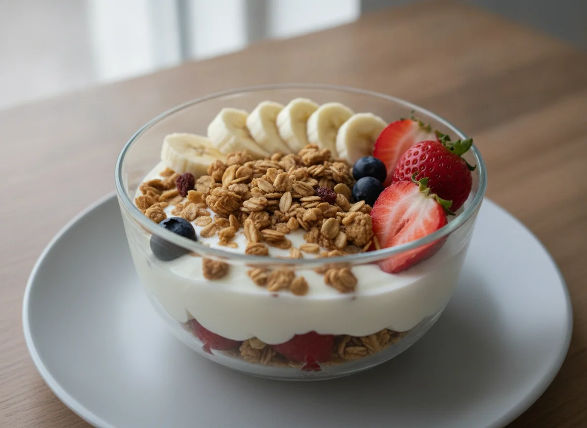 Taça de Iogurte com Granola e Frutas photo