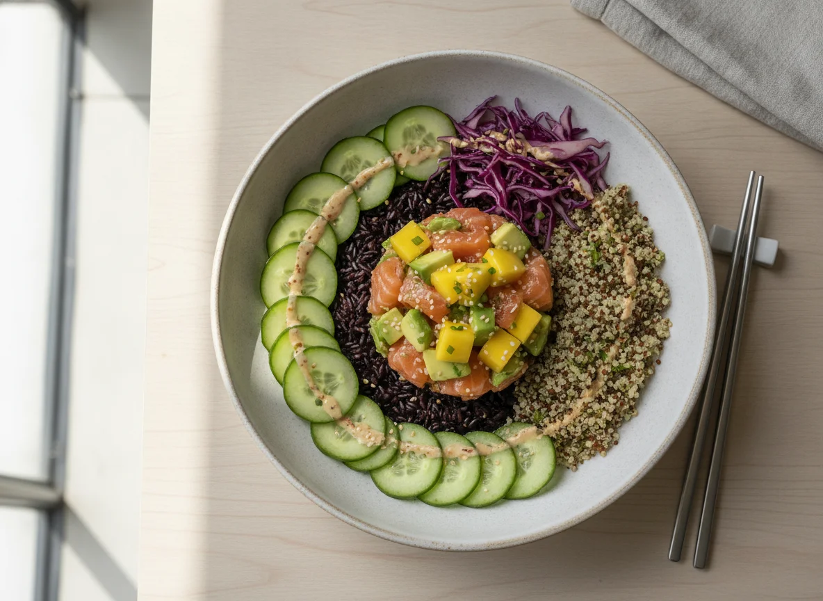 Taça de Poke com Arroz Preto, Quinoa e Salmão photo