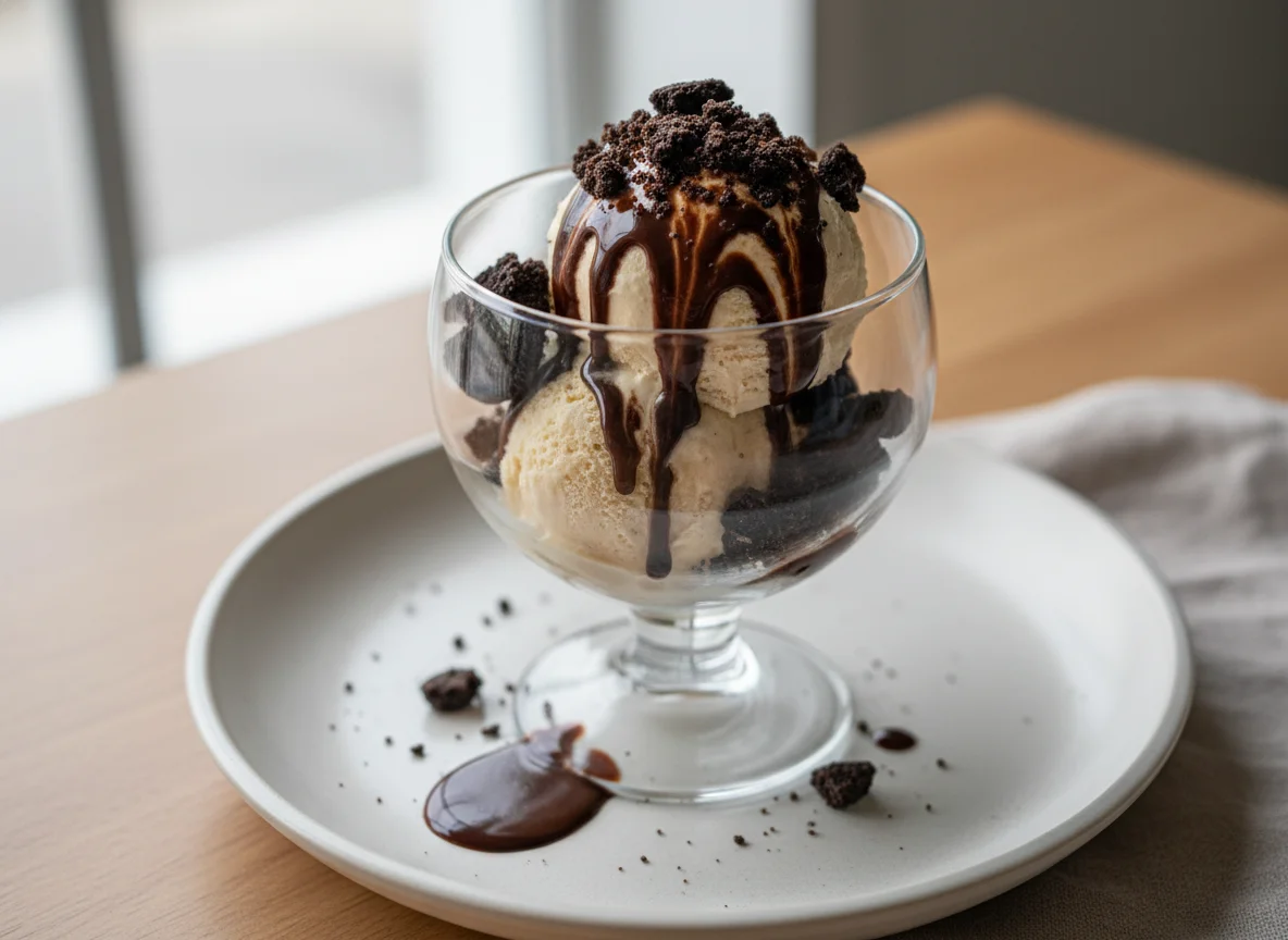 Taça de Sorvete com Chocolate e Biscoito photo