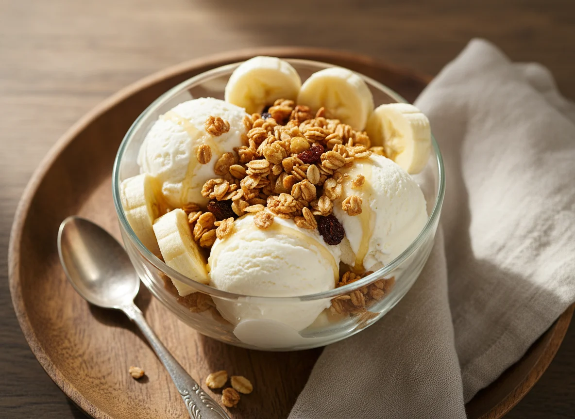 Taça de Sorvete com Granola e Banana photo