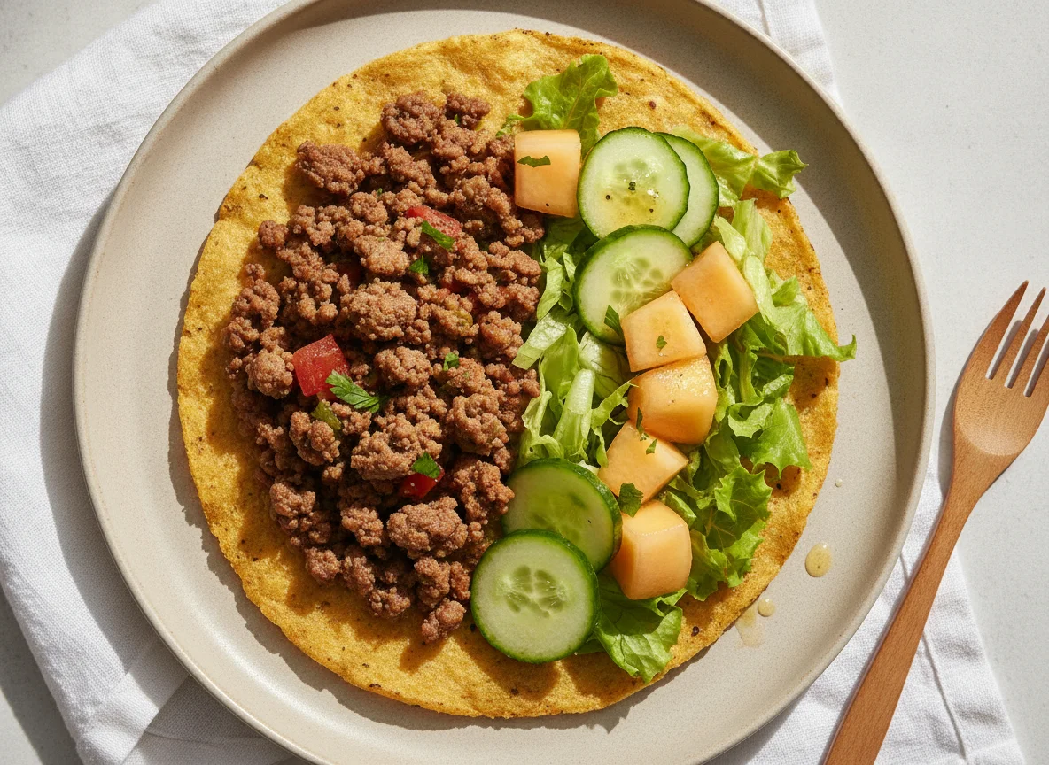 Taco aberto com carne moída e melão photo