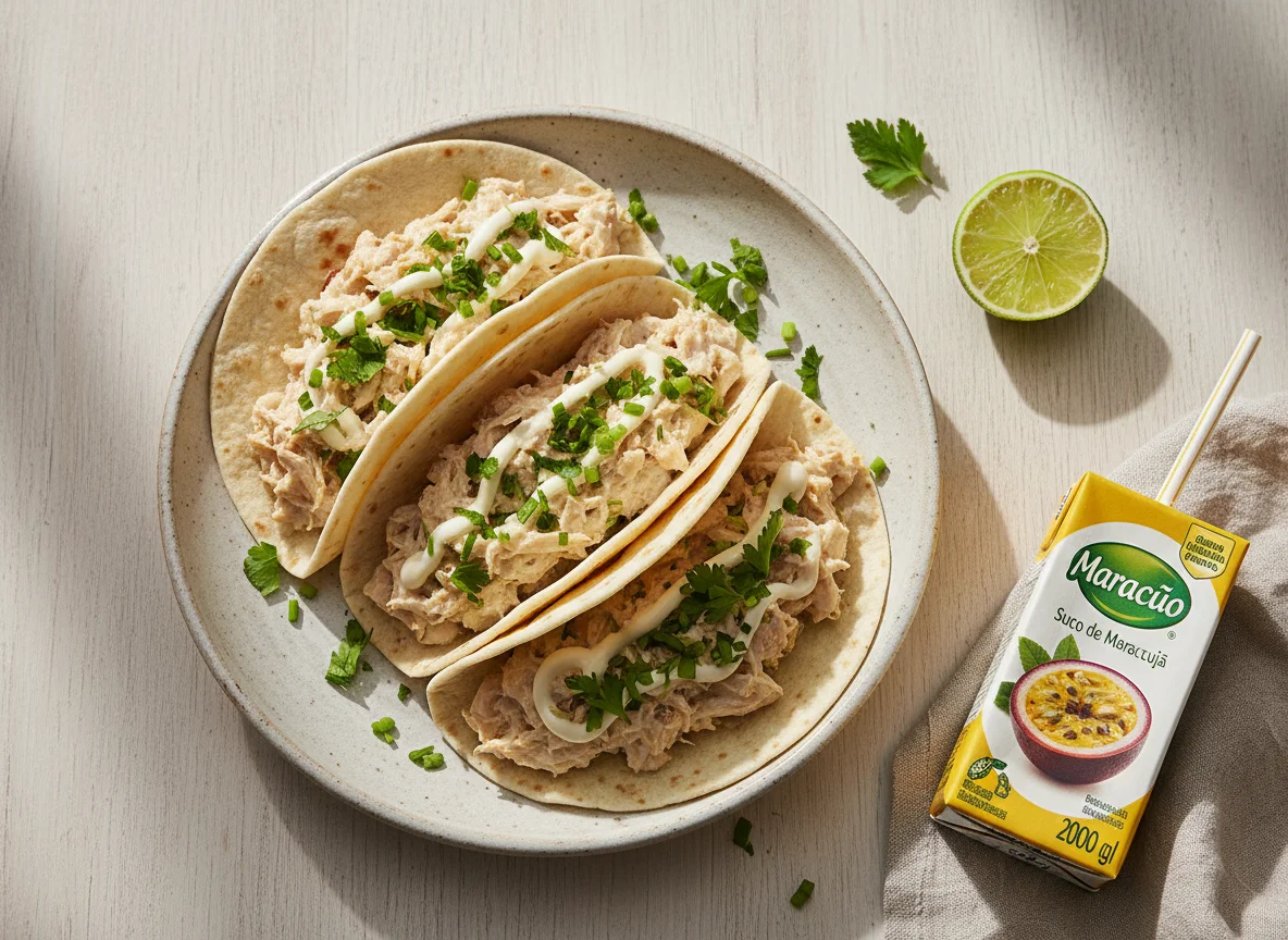 Taco de frango desfiado com suco de maracujá photo