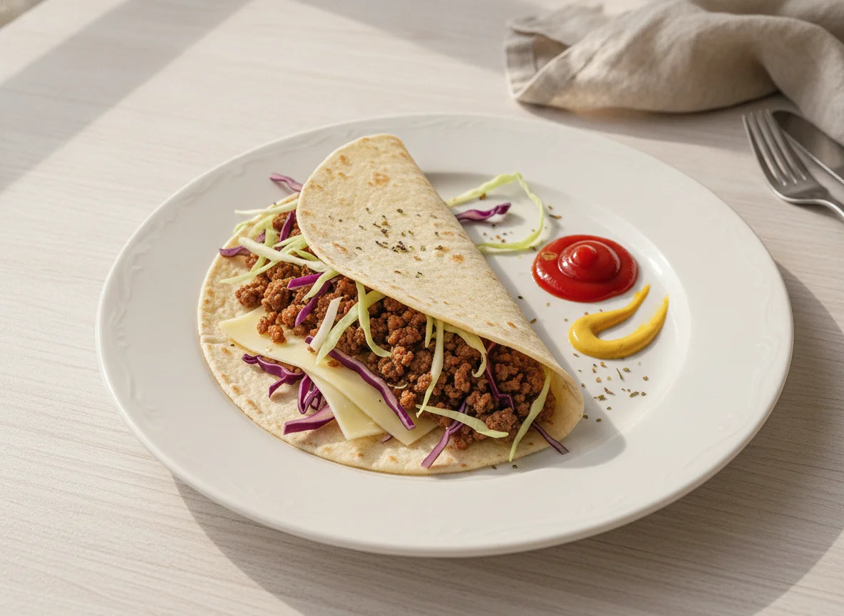 Taco ou Wrap de Carne com Repolho e Molhos photo