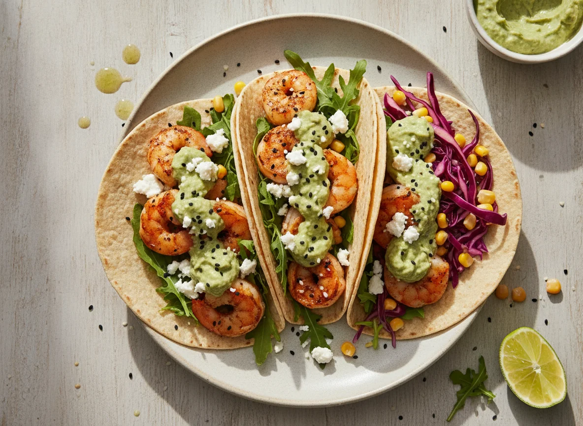 Tacos de Camarão com Salada e Molho de Abacate photo