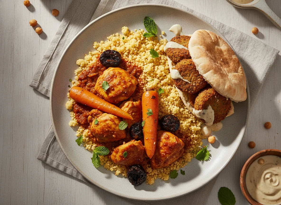 Tagine de Frango com Cuscuz e Sanduíche de Falafel photo