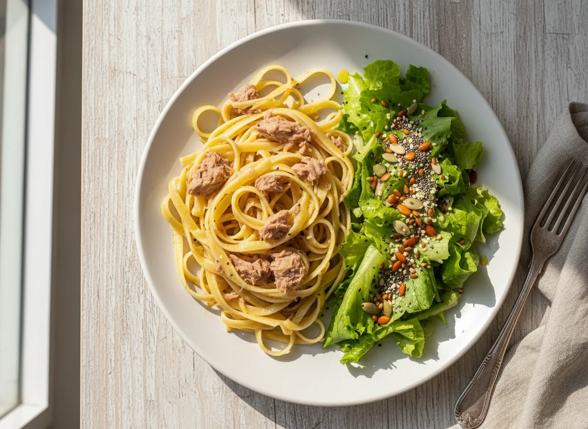 Talharim com atum e salada de alface com sementes photo