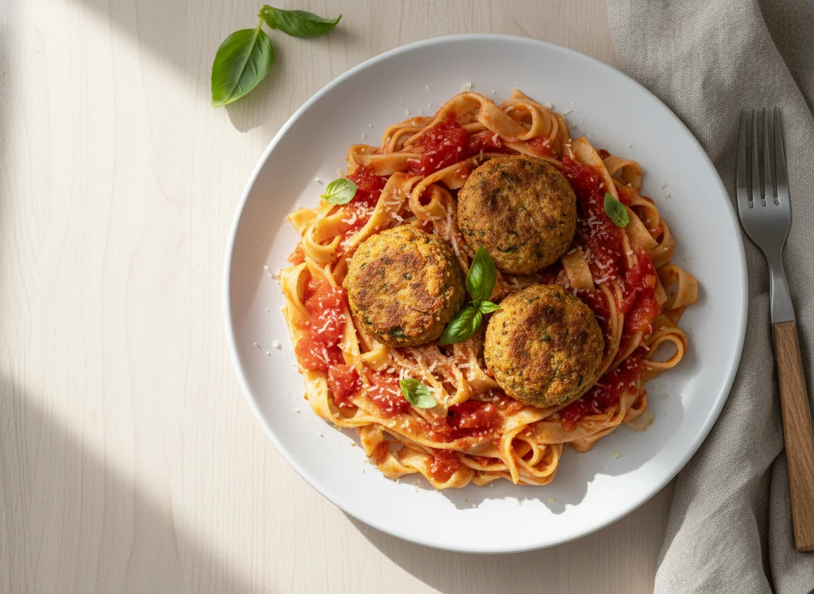 Talharim com molho de tomate e almôndegas vegetarianas photo