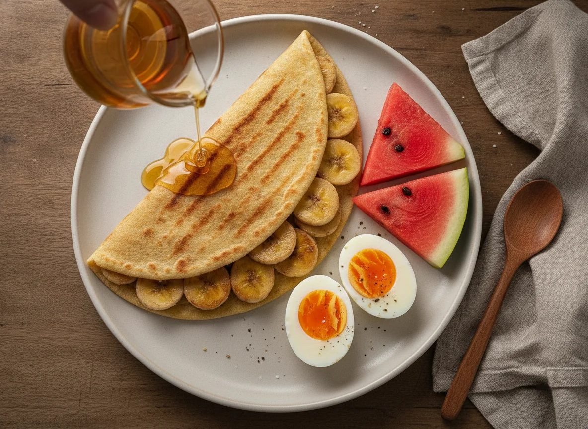 Tapioca com banana, ovos cozidos e melancia photo