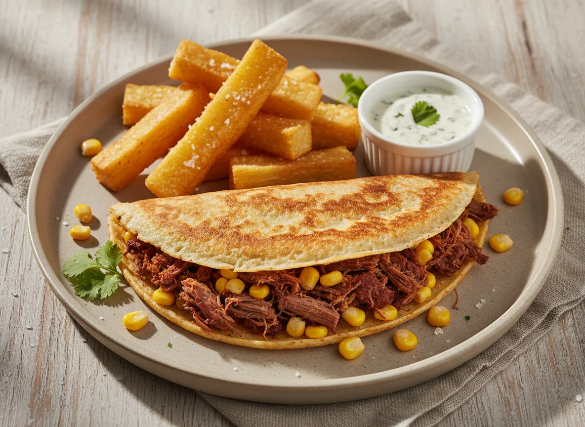 Tapioca com carne seca e milho, acompanhada de mandioca frita photo