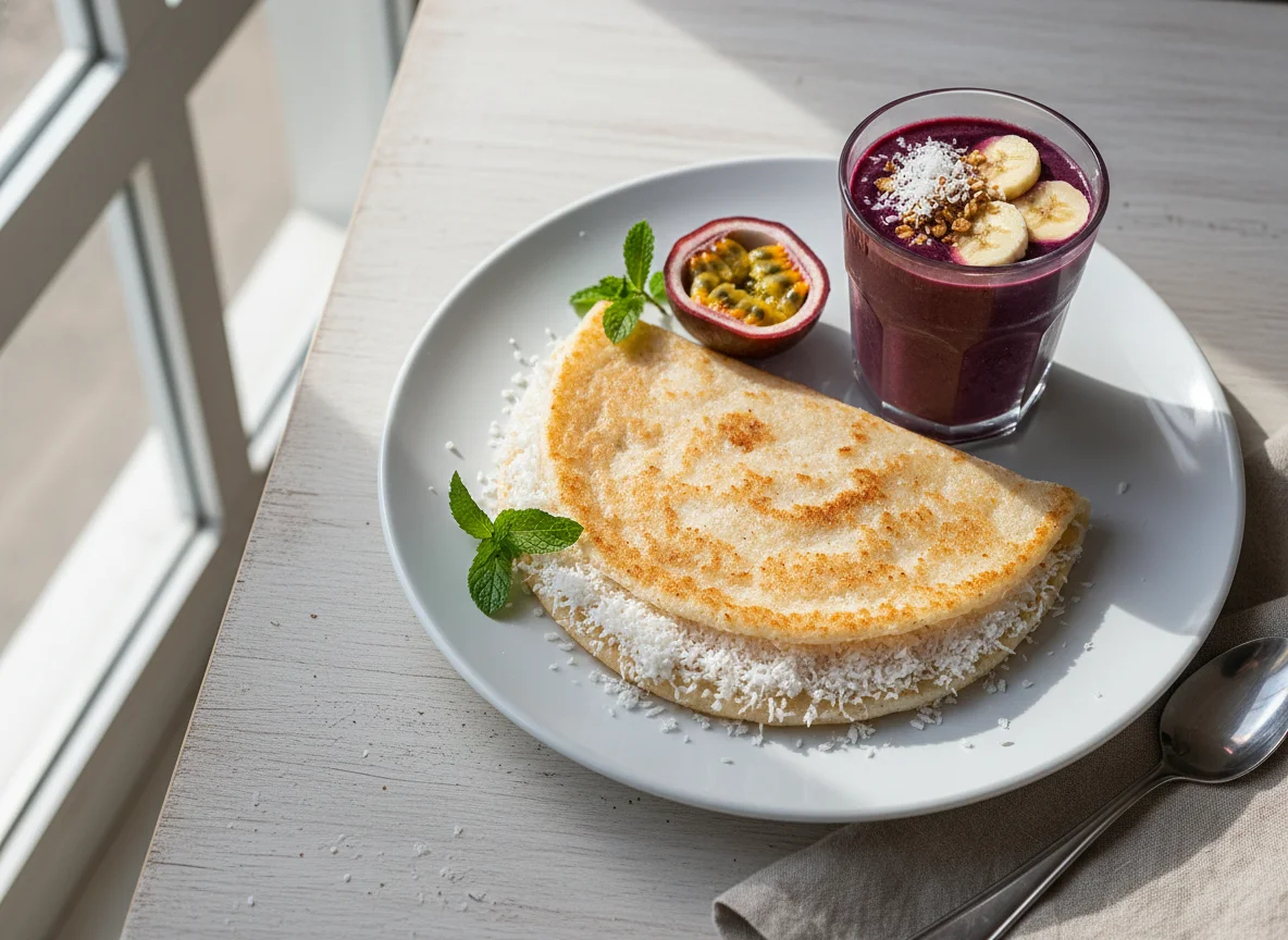 Tapioca com coco e vitamina de açaí photo