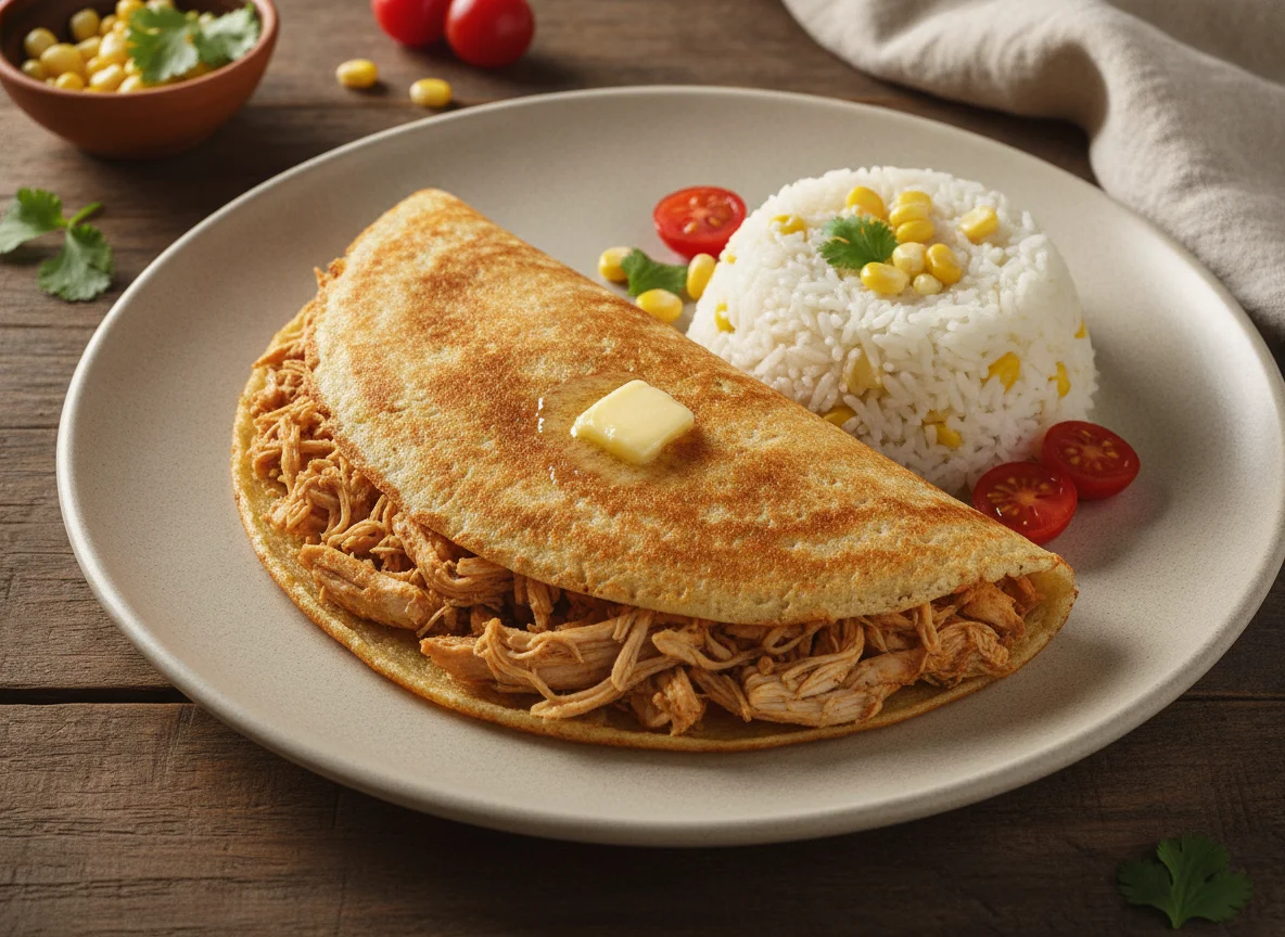 Tapioca com frango desfiado, arroz, milho e tomate photo