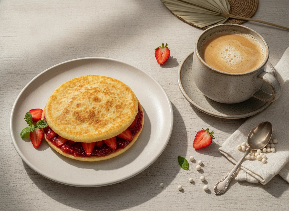 Tapioca com geleia de morango e café com leite photo