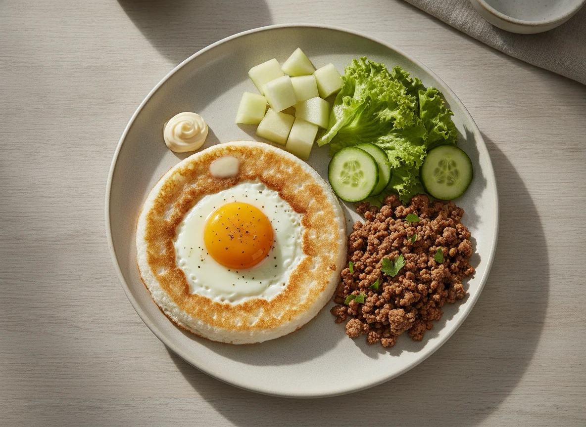 Tapioca com ovo, carne moída, salada e melão photo