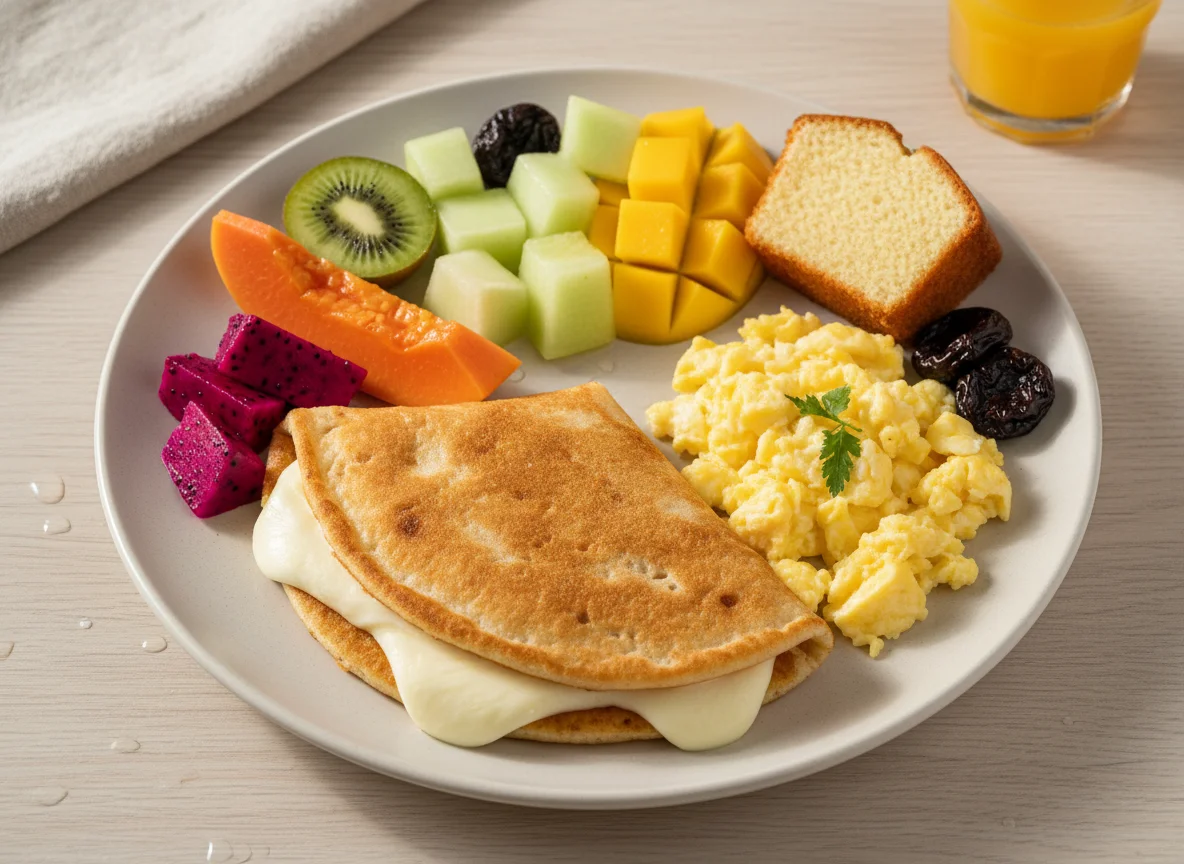 Tapioca com ovos mexidos e frutas photo