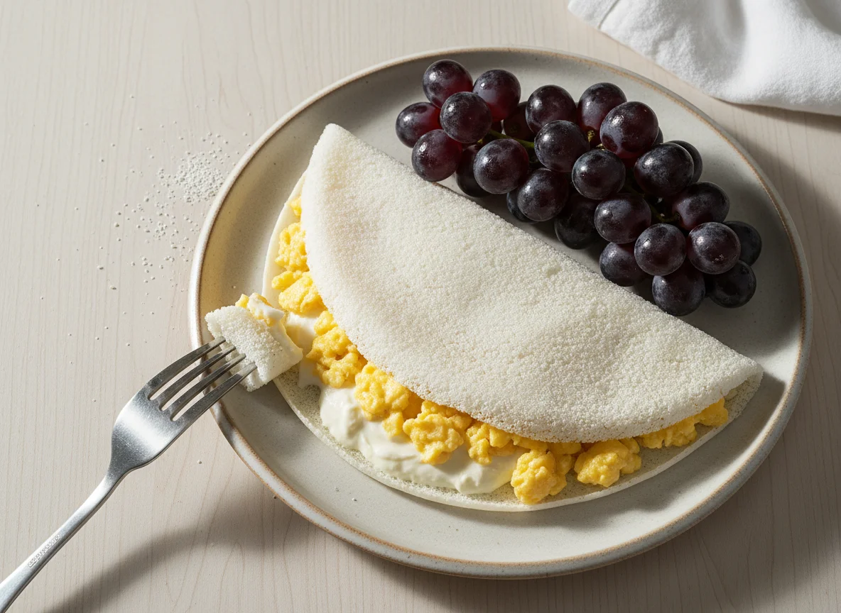 Tapioca com ovos mexidos e requeijão, acompanhada de uvas photo